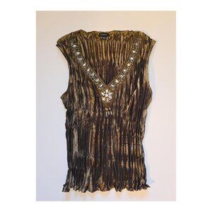 Boho Metallic Crinkle Jewel Tunic Top – Beaded V Neck Party Blouse